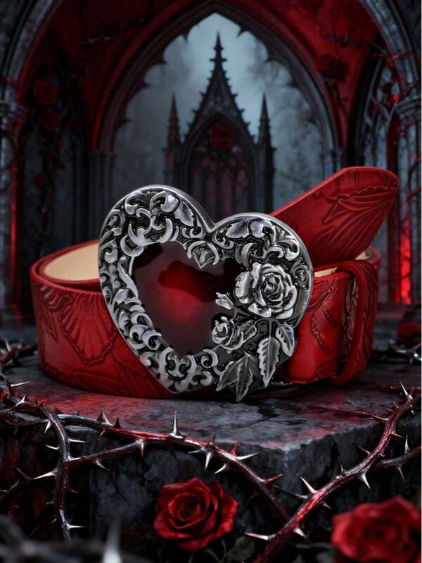 1pc Men's Gothic Vintage Rose & Thorn Embellished Burgundy Leather Belt, Gothic Rose Thorn Burgundy Decorative Buckle, Formal Wear, Jackets, Dress Shoes, Casual Pants, Suitable For Formal Events, Daily Wear, Themed Parties Old Money Vintage Autumn/Fall Urban Outfit Classic Christmas Winter Fashion Daily Men Boyfriend Gift