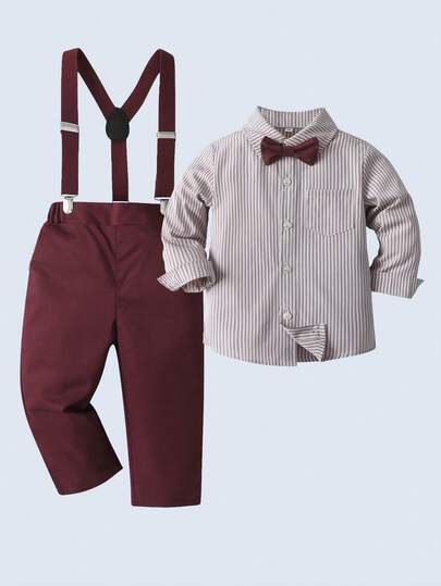 BOARNSEORL 2pcs Baby Boys Gentleman Outfit, Includes Long Sleeve Shirt With Bow Tie And Suspender Pants, Suitable For Birthday Party, Christmas, Formal Events