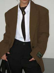 Women's Brown Casual Loose Blazer Jacket With Letter Print, Notched Collar, Single-Breasted, Long Sleeve, Suitable For Banquet, Wedding, Festival, Party, Halloween, Christmas And Other Occasions