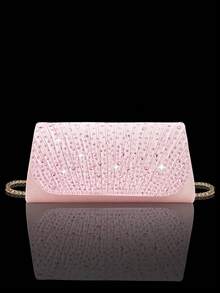 Sparkling Rhinestone Flap Clutch Bag, Elegant Pleated Handbag For Party, Includes Sparkling Rhinestone Jewelry Set, Suitable For Party, Gala, Gathering, Ball, Wedding And Other Occasions ,Pink Bag - Pink - View 3