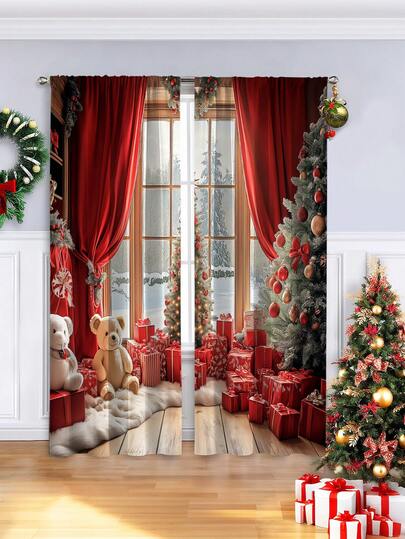 2PCS Christmas-Themed Brushed Fabric Digital Print Curtains, Luxurious Warm And Playful Style Design With Red Curtains, Christmas Tree, Teddy Bears And Gift Piles, Rod Pocket Installation, Semi-Transparent Polyester Fiber Material, Suitable For Living Room, Kitchen, Bedroom, Dining Room, Filling Your Home With Festive Atmosphere