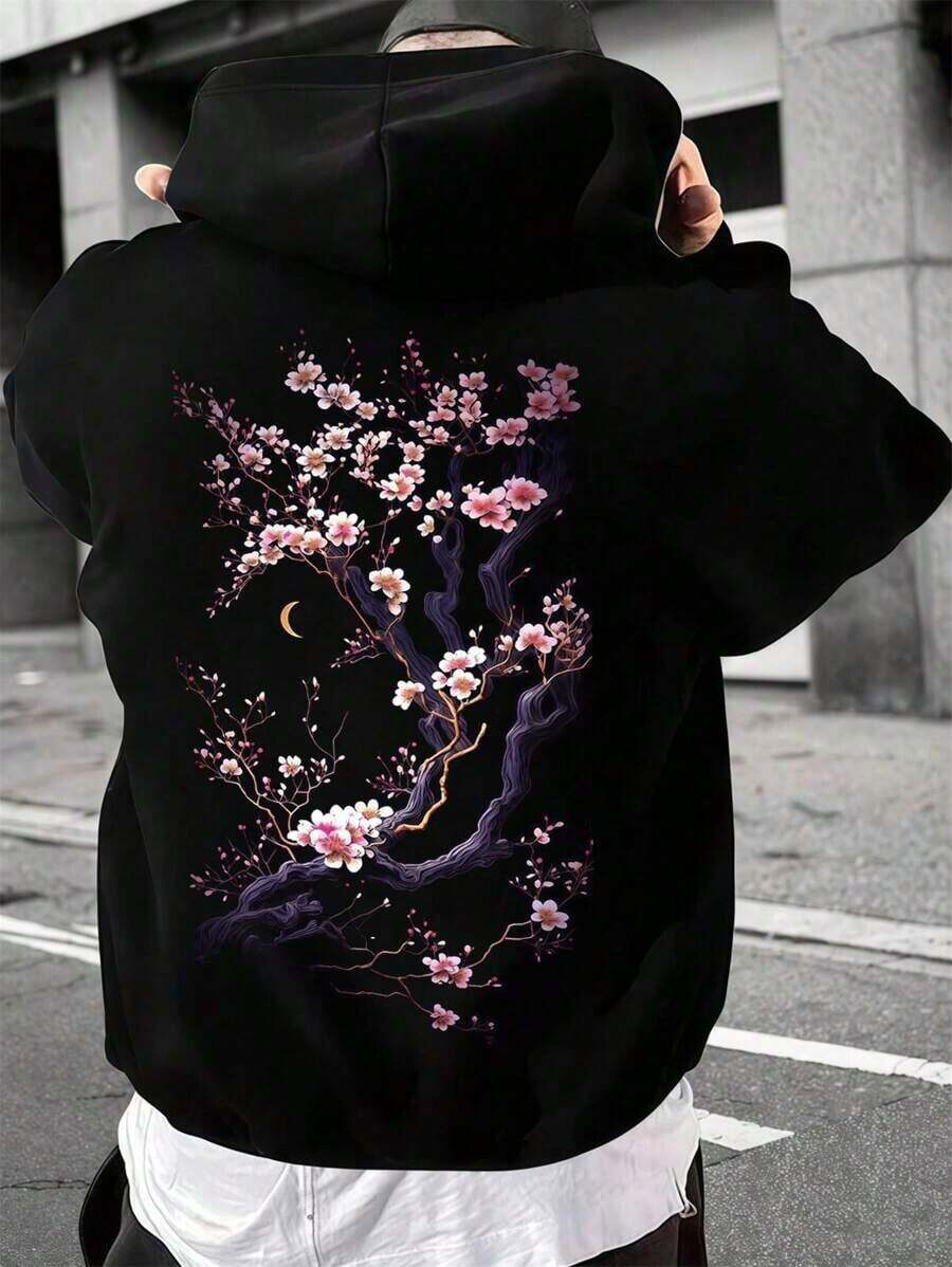 Men's Casual Cherry Blossom Print Hoodie With Pockets, Autumn/Winter,Street Wear,Mens Hoodies,Y2k Clothes,Jesus Hoodie,Thanksgiving Day,Nightmare Before Christmas,Christmas - Black - View 1