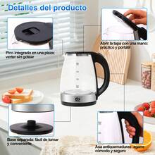 Hervidor eléctrico de vidrio con luz azul (borde de metal), hervidor de vidrio de 2L con LED azul, ebullición rápida, fácil de limpiar, ebullición anti-seco, - Negro - Ver 7