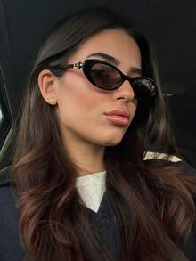 1pc Retro High-End Minimalist Oval Frame Women's Fashion Glasses, Versatile Fashion Street Style - Bright Black Gray Film - View 2