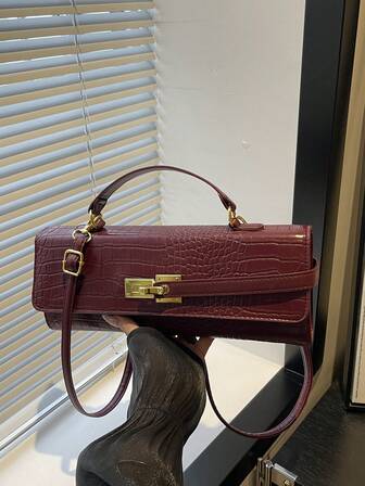 New BV Style Crocodile Embossed Structured Baguette Bag, Burgundy Fashion Personalized Crease Handbag, Strap Decor, Unique Metal Lock Closure, Women's Party Evening Bag, Commute Shoulder Crossbody Bag, Suitable For Office, Dating, Wedding, Gift, Prom, Valentine's Day, Daily Use , Red Bag , Burgundy Bag