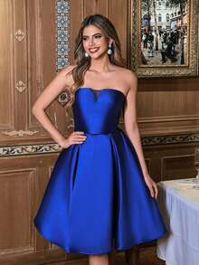 Faeriesty Women's Elegant Strapless Fitted Bodice V-Neck Satin Gown – Cinched Waist, Puff Upper Skirt – Ideal For Weddings, Gala Dinners, Formal Receptions & Upscale Cocktail Parties - Royal Blue - View 7