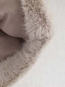 女士休闲短款仿毛领夹克，冬季保暖长袖外套，带口袋 - 米灰色 - 查看 10