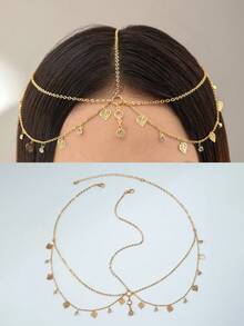 1件简约时尚中东畅销金属流苏珍珠心形水钻星星几何吊坠头饰,适合节日派对礼物(手工链条可裁剪尺寸,水钻星星数量不定),准新娘,女士发饰 - 彩色 - 查看 18