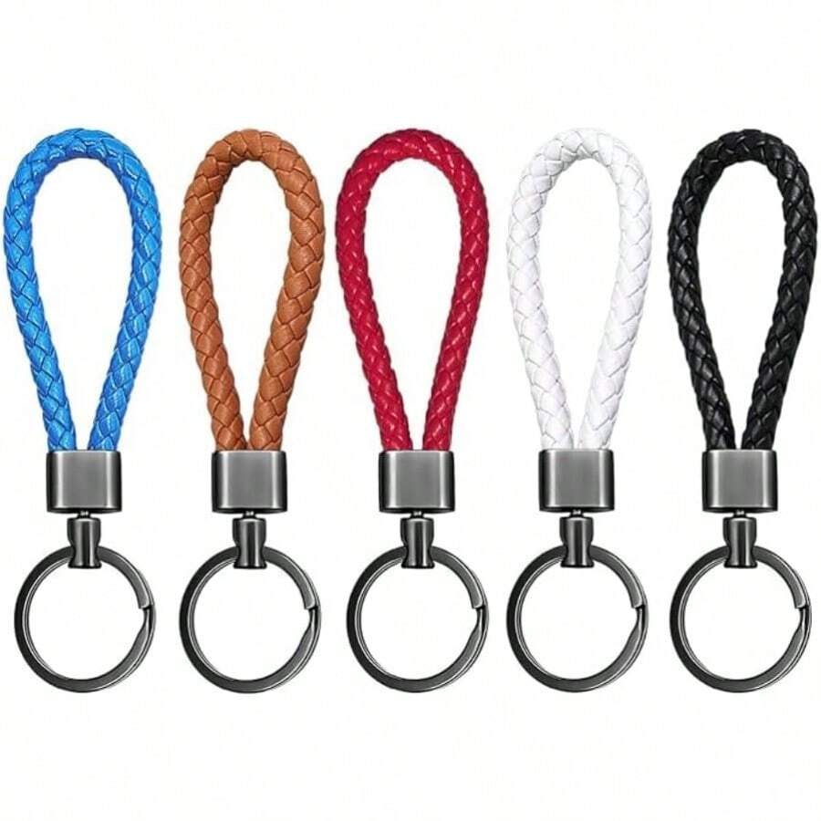 Llaveros de Cuero Trenzado, SUHOMMY 5 Piezas Llaveros de Aleación PU de Tejido, Multifuncional Ecocuero de Trenzado Anillas de Piel de Coche, Tejido de Ecocuero Llavero para Hombre y Mujer - 1 - Ver 1
