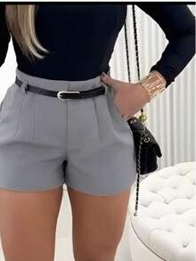 Women's Tailored Shorts With Belt And Side Zipper - Grey - View 2