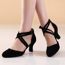 女士专业拉丁舞鞋，中跟标准舞鞋，系带，黑色，室内专业表演舞鞋，交谊舞/莎莎舞鞋 - 黑絨 - 查看 2