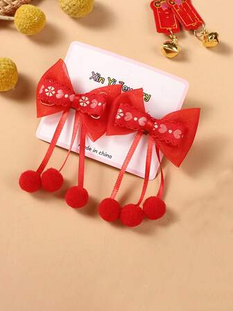 2pcs Chinese Style Red Hair Clips With Tassels, Bowknot Hanfu Headwear, Children's Accessories For Christmas, New Year