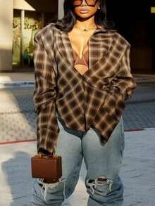 Damen Retro Lässig vielseitig minimalistisches kariertes Hemd mit Knöpfen, geeignet für den Arbeitsweg und den täglichen Büroalltag