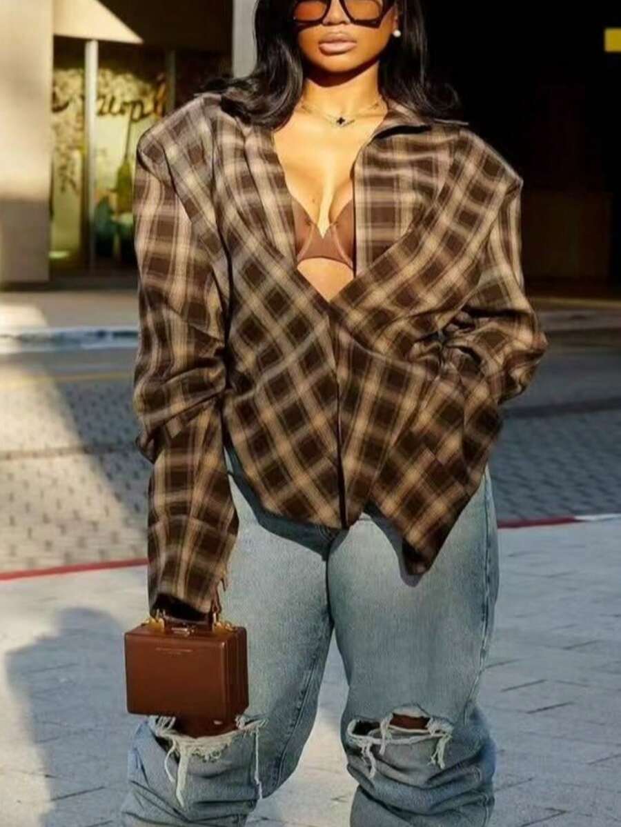 Damen Retro Lässig vielseitig minimalistisches kariertes Hemd mit Knöpfen, geeignet für den Arbeitsweg und den täglichen Büroalltag