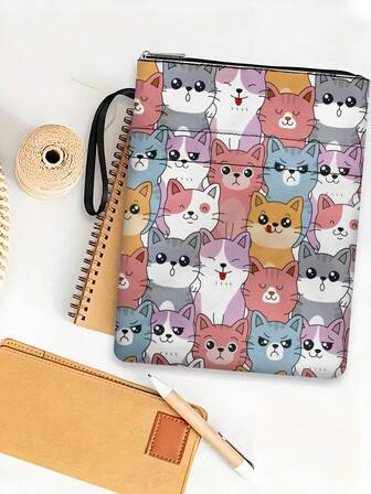 1件装可爱猫咪印花主题拉链书套，平装书保护套，平装书皮套，书套，书籍保护套，书袋，印花书套袋带前袋，可水洗多功能书籍收纳袋，适合学生、教师、爱书人士