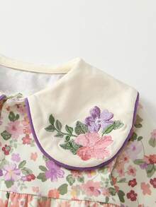 Baby Girls' Long Sleeve Floral Embroidered Jumpsuit With Peter Pan Collar, Sweet Infant Clothing - Purple - View 3