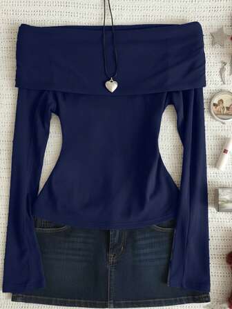 Women's Solid Color Minimalist Y2K Off-Shoulder Long Sleeve Top