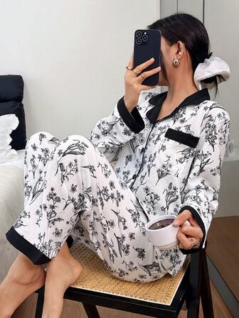 2pcs Women Pajama Set, Floral Print Long Sleeve Collared Top And Pants, Contrast Color Pockets, Suitable For Women Sleepwear And Loungewear All Season