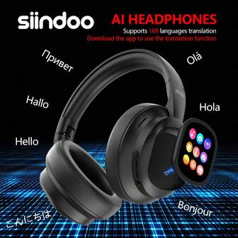  Siindoo AI翻译无线头戴式耳机，配备可移动LCD触摸屏，支持169种语言实时翻译，HiFi立体声，可折叠轻便，适合商务旅行。