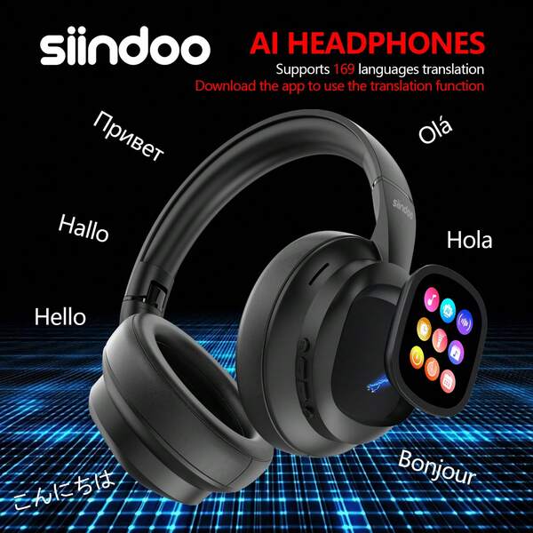 siindoo Siindoo AI Translation Wireless Headphones Over Ear With With Movable LCD Touch Screen, Real-Time 169 Language Translator,HiFi Stereo Foldable Lightweight Headset For Travel Business