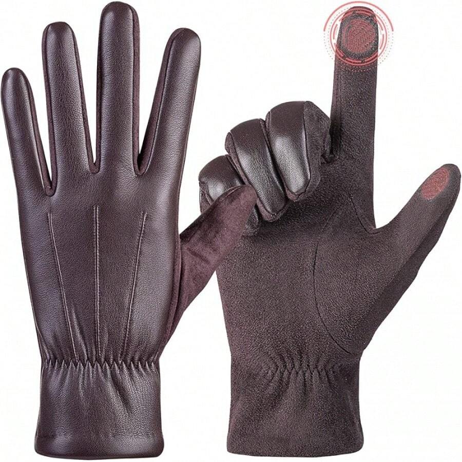 Winter Fashion Leather Gloves For Men, Finger Touchscreen Texting Wool Lined Warm Windproof Suede Driving Gloves - màu nâu - Xem 1