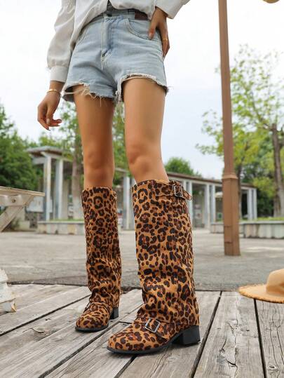 Women's Fashion Brown Leather Low Heel Ruched Casual Long Boots