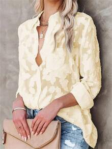 Women Elegant Long Sleeve Collared Textured Button Shirt Blouse, Suitable For Spring/Autumn - Beige - View 9