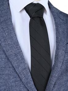 1 pieza Corbata de negocios para hombres, ancho de 8 cm, hecha a mano, corbata formal profesional a rayas, de poliéster jacquard - Negro puro - Ver 4