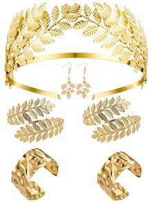 5Pcs/7Pcs Greek Goddess Style Clothing And Accessories Set, Including Leaf Shaped Crown, Headband, Earrings,Bracelet, Earrings, Bridal Headpiece Suitable For Ladies To Wear At Parties, Weddings, Engagements