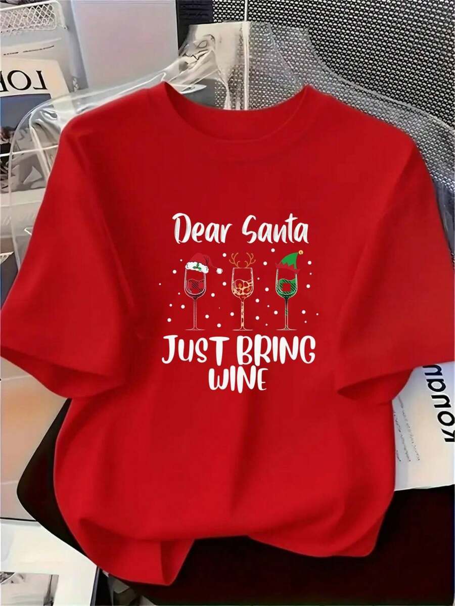 Camiseta de manga corta oversized para mujer con diseño gráfico de anime temático de vino "Dear Santa Wine" - Ropa casual de verano para fiestas y uso diario, regalo divertido para amantes del vino, camiseta holgada y transpirable con estampado de vino, conjunto casual de primavera/verano