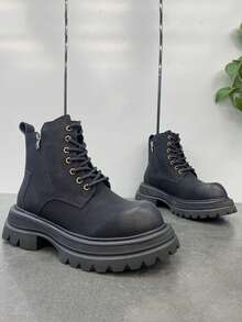 2025 New Leather Zipper High-Top Boots, Korean Retro British Style, Casual Fashion Comfortable Versatile High-Value Outdoor Work Boots, Motorcycle Short Boots For Men - Black - View 5