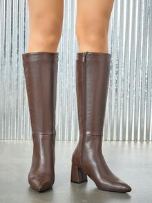 Botas femininas de cano alto, confortáveis e versáteis, em cores sólidas, com zíper, estilo country, perfeitas para o Halloween e outono/inverno. - Castanho Café - Ver 3
