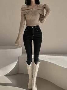 Women's Solid Color Ribbed Ruffle Hem Casual Turtleneck Long Sleeve Sweater, Autumn/Winter - Camel - View 7