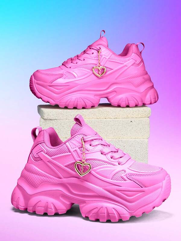 7cm Elevator Women's Fashion Casual Sneakers With Detachable 3D Metal Heart Decoration Chain, Outdoor EVA Thick Sole High-Platform Pink High Heel Lightweight Shock-Absorbing Non-Slip Breathable Mesh Summer Sandals, Round Toe Lace-Up Versatile Platform Wedge Sneakers For College Students, Teens, Daily, Date, Gym, Office