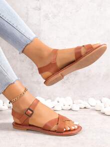 Retro Classic Brown Sandals Slip On | Cross Strap Flat Sandals For Comfort Walk & Daily Wear,Adjustable Buckle Sandals Women | Soft Sole Cross Strap Flat Sandals Wide Width Friendly Brown,Everyday Essential Brown Slide Sandals | Adjustable Ankle Strap Chunky Sole Flat Sandals,Boho Brown Sandals For Resort Wear | Criss Cross Adjustable Flat Sandals With Comfort Footbed,Minimalist Brown Sandals Women Premium | Easy Buckle Cross Strap Supportive Flat Sandals - 棕色 - 查看 3
