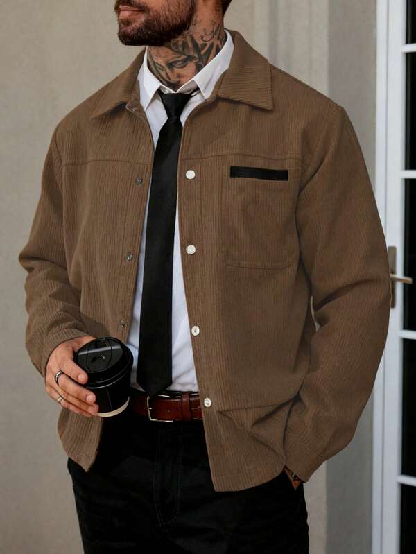 Men's Shirt Jacket, Men's Front-Button Long-Sleeve Pocket Minimalist Shirt Jacket, Casual Everyday Top Gift Picks For Husbands/Boyfriends This Fall And Winter