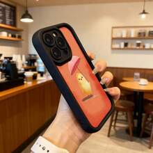 Phone Case With Black Border And Orange Back With A Print Of A Yellow Chick Holding A Pink Umbrella For Daily Use In Cafes And Urban Spaces Suitable For Apple Series Phones - Burgundy - View 6