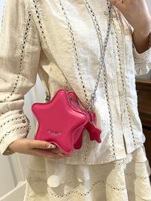 [US-Based Shipping]New Fashion Classic Cute Solid-Color PU Waterproof Fabric Alphabet Pattern Decorative Design Star-Shaped Special-Design Bag Metal Chain Crossbody Bag Perfect For Small Households To Carry While Shopping Ideal For Shopping Trips, Parties, And Gifting To Girlfriends, Besties, Or Mothers Holiday-Themed Metal Chain Fashionable Small Crossbody Bag - 玫紅色 - 查看 4