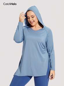 Plus Size Blue Long Sleeve Pleated Drawstring Loose Hooded Sweatshirt, Suitable For Full-Figured Women, Ideal For Fitness, Tennis, Outdoor Sports And Casual Running In Autumn/Winter - Dusty Blue - View 11