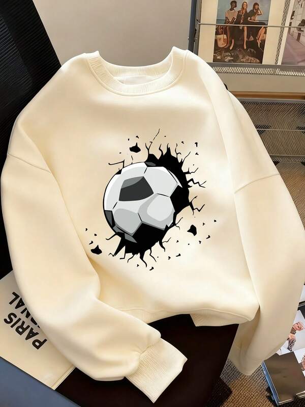 Tween Boy Football Print Warm Cozy Crew Neck Sweatshirt, 1 Piece Autumn/Winter Top For Young Students