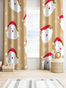 2PCS Cute Cute Cute Cartoon Cartoon Santa Claus Head Pattern Flannel Fabric Printed Curtains, Semi-Blackout, Easy-To-Install Rod-Pocket Style.