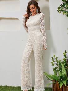 女士蕾丝婚纱礼服，优雅长袖连体裤，适合晚宴派对穿着 - 杏色 - 查看 4