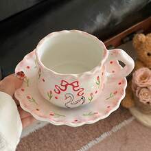 1 Set Creative Fresh Hand-Painted Tulip Bow Swan Ceramic Coffee Cup And Saucer For Home - Multicolor - View 7