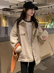 Early Autumn Color Block Letter Print Long Sleeve Casual Commuter Top T-Shirt - Apricot - View 2