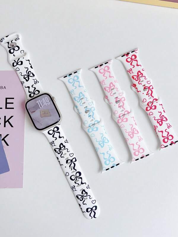 1pc Bow Doodle Print Simple New Silicone Band Compatible With Apple Watch Series 1/2/3/4/5/6/7/8/9/SE, 38mm/40mm/41mm/42mm/44mm/45mm/49mm (Watch Not Included)
