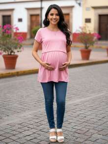 Playera maternidad, ropa embarazada, camiseta premamá, tela elástica, ajuste regulable, comodidad embarazo, prendas maternidad, moda gestante, ropa casual premamá, playera cómoda mujer, camiseta embarazo, playera lactancia, playera para amamantar - Rosa - Ver 2