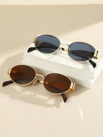 2pcs Oval Personalized Metal Fashion Glasses, Retro Style For Women, Fashion Accessories For Summer Beach Vacation, Outdoor, Travel