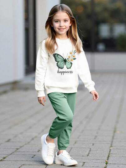 2pcs Girls Casual Butterfly & Daisy Letter Print Crew Neck Sweatshirt And Sweatpants Set, Comfortable And Fashionable For Spring/Autumn
