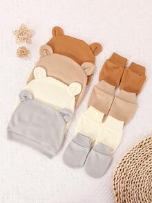 Bộ 4 mũ len tai thú mềm mại màu trơn cho trẻ sơ sinh + găng tay, bộ mũ và găng tay hoạt hình dễ thương nhiều màu sắc cho mọi mùa, thích hợp sử dụng trong nhà, ngoài trời, hàng ngày, từ 0-3 tháng tuổi - 4 miếng bịt tai + găng tay - Xem 3