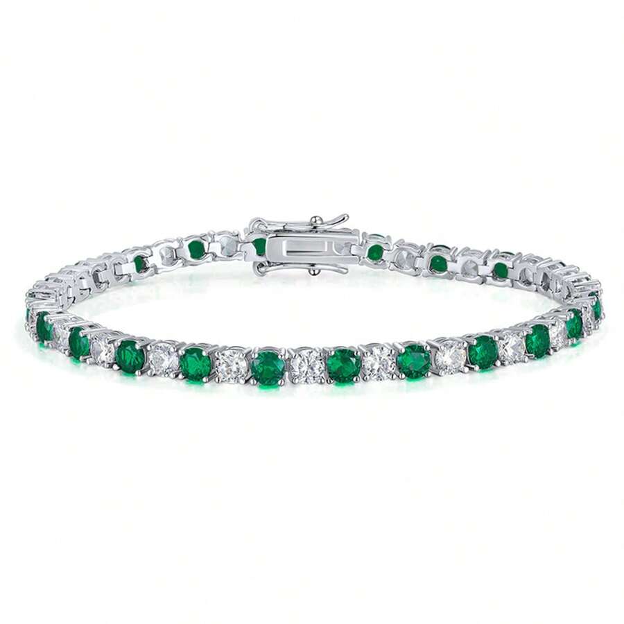 1pc Elegant Decorated Colorful Tennis Chain 925 Silver Bracelet, Suitable For Vacation, Party, Gift For Family, Friends, Christmas, Halloween, Valentine's Day, Birthday - Green - View 1